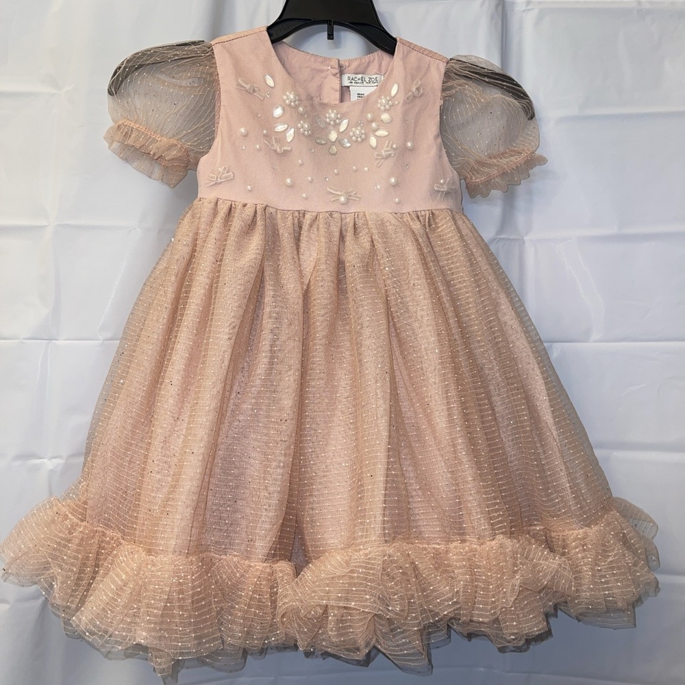 Rachel Zoe Girl Dress 5 T Jacquard Pearl & Rhinestone Details Shimmer Tulle Pink